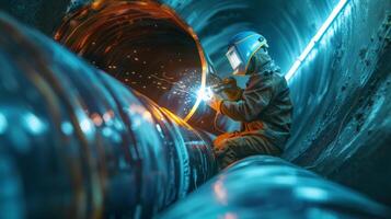 welder at work welding a metal pipe photo
