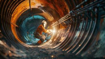 The welder is welding the pipe in the tunnel. photo