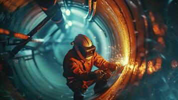 A worker is welding a pipe in a tunnel. photo
