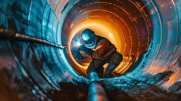 The photo shows a worker welding a pipe in a confined space.
