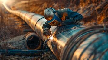 welder welds a large diameter pipe with bright sparks photo