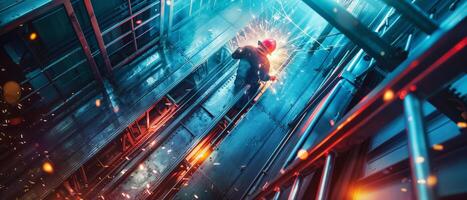 The superhero flies down the corridor of a futuristic city. photo