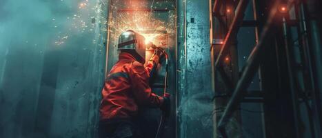 welder working on the ship's hull photo