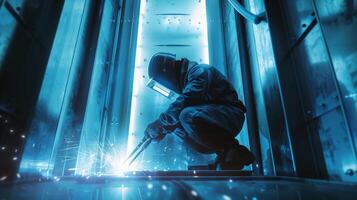 Welding. A welder is welding metal in a factory. photo