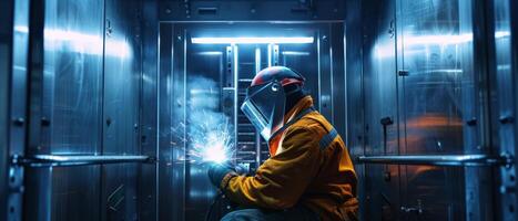 A welder works on a project in a factory. photo