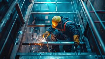 The welder is wearing protective gear and using a welding torch to weld a metal pipe. photo
