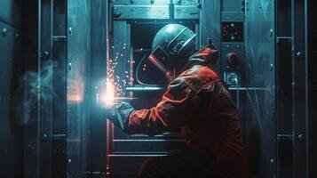 Astronaut working on spaceship in spacesuit photo