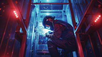 A welder works on a project in a factory. photo