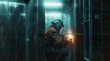 A welder works on a project in a dark room. photo