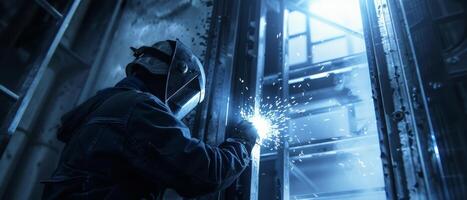 welder at work welding metal in factory photo