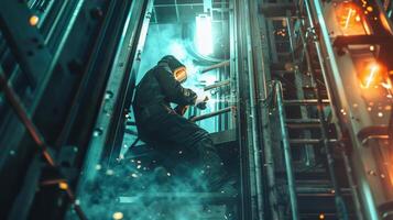 The photo shows a man climbing up an elevator shaft.