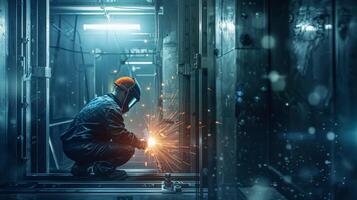 welder is welding metal in factory photo
