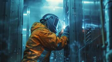 Industrial welder working on a project in a factory. photo
