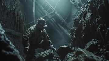 A miner is working in a dark mine. photo