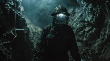 A man wearing a protective suit and helmet stands in a dark mine. photo