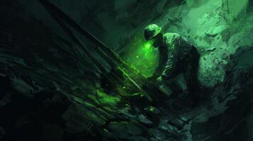 A miner working in a dark mine. He is wearing a hard hat and a headlamp. He is using a pickaxe to break up rocks. The mine is lit by the green light of his headlamp. photo
