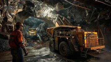 A miner looking at a giant dumper truck in an underground mine. photo