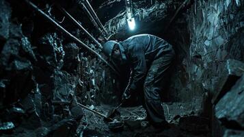 A miner working in a dark mine. photo