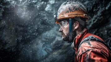 A caver wearing a hard hat and headlamp looks out over an underground cavern photo