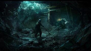 A lone miner in a dark cave with a lantern and a pickaxe. photo