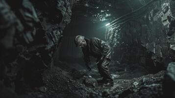A lone coal miner works in a dark mine. photo