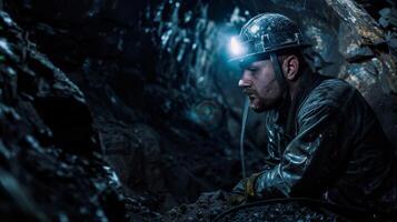A coal miner wearing a hard hat and headlamp is sitting in a dark mine. photo