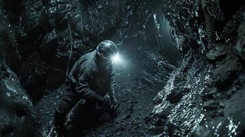 A lone miner wearing a headlamp is searching for precious gems in a dark cave. photo