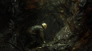 A miner working in a dark and wet mine. photo