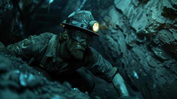 coal miner working in a dark mine photo