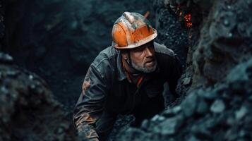 A coal miner looks for survivors in a collapsed mine. photo