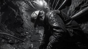 A black and white photo of a miner working in a wet and dirty mine.