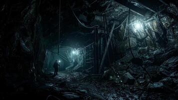 Dark mine with a man holding a flashlight photo