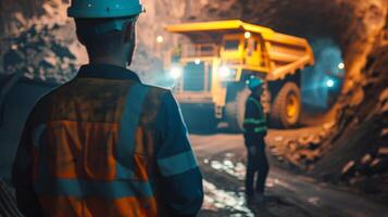 The image shows a miner working in a mine. He is wearing a hard hat and a safety vest. In the background, there is a large mining truck. photo