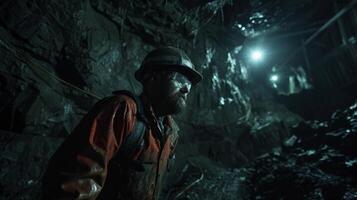 A bearded man in a hard hat and coveralls walks through a dark mine. photo