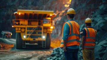 Two mining engineers in hard hats and safety vests inspect a large yellow mining truck. photo