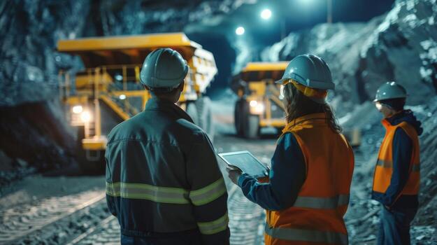 The image shows a group of miners wearing hard hats and safety vests in an underground mine. They are looking at a large mining truck. photo