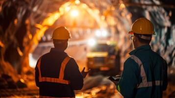 Two construction workers wearing hard hats and safety vests inspect a tunnel under construction. photo
