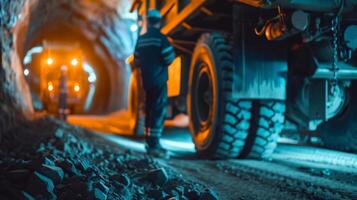 The image shows a mining tunnel with a truck and a worker. photo