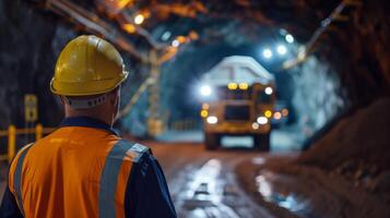 Underground mine worker walking in tunnel with truck in distance photo
