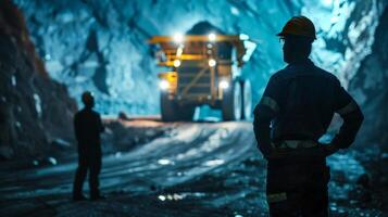 Two miners in hard hats and coveralls looking at a large yellow mining truck in an underground mine. photo