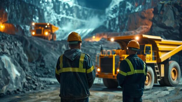 Two miners in hard hats and protective clothing looking at a large yellow mining truck in the open pit mine photo