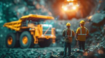 Two figurines of workers in hard hats and orange vests stand in front of a large yellow dump truck in a dark mine. photo