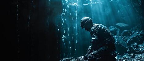 The photo shows a man standing in a dark cave. Water is dripping from the rocks above and he is wearing a wetsuit.