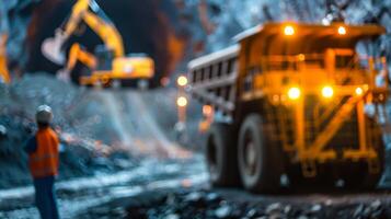 Large yellow haul truck in an open pit mine. photo