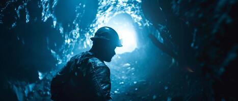 The silhouette of a man standing in a dark cave. photo