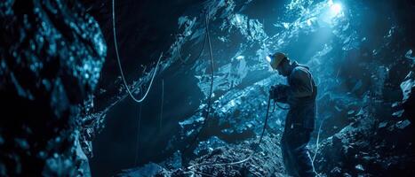 Exploring a mysterious cave, a man discovers a hidden world of glowing crystals and strange creatures. photo