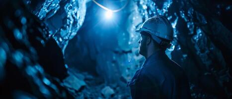The photo shows a dark cave with blue light shining through an opening in the distance.