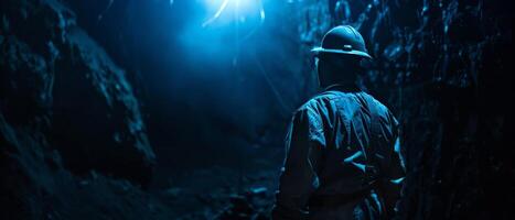 The image shows a man standing in a dark cave photo