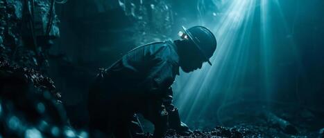 A dark figure explores a mysterious underwater cavern. photo