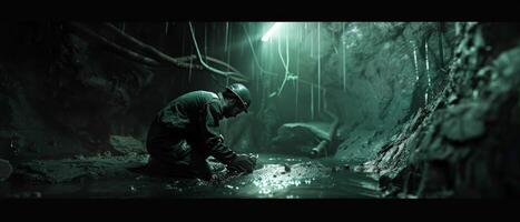 The image is a dark and mysterious cave photo